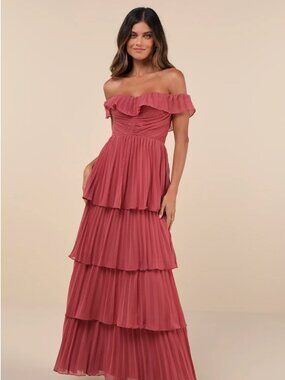 Lulus Always Remarkable Rusty Rose Pleated Off-the-Shoulder Maxi Dress